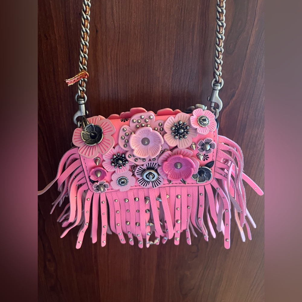 NWOT Coach Pink Studded Wild Tea Rose Fringe Dinky Cross Body Bag